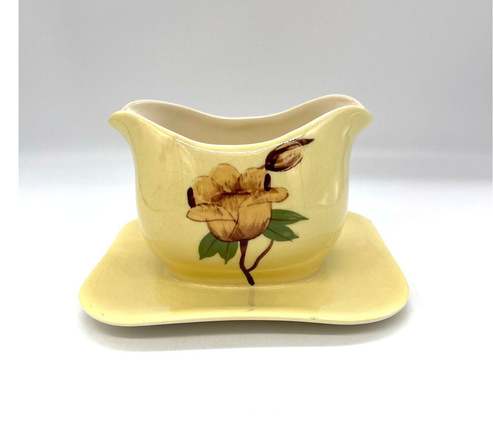 MCM Weil Ware Yellow Rose California Pottery Gravy Boat w/ Attached Under Plate